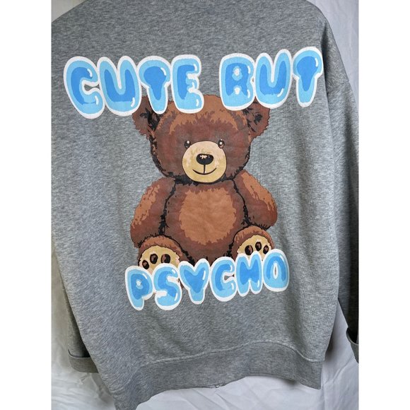 Birch & Stone “Cute But Psycho” Zip Up Teddy Bear Hoodie Sweater Gray Size S - Picture 3 of 7